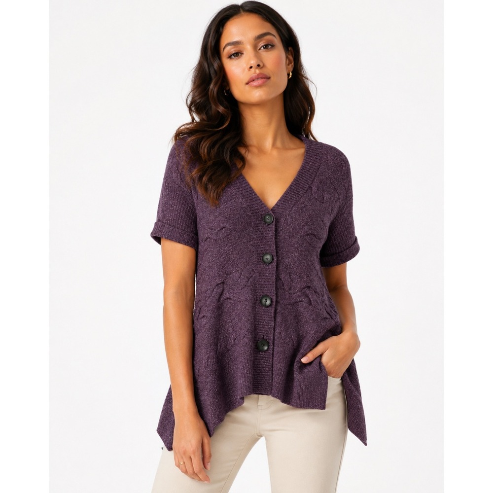 Moth Anthropologie Womens Plum Purple‎ Cable Knit Short Sleeve Cardigan Sweater